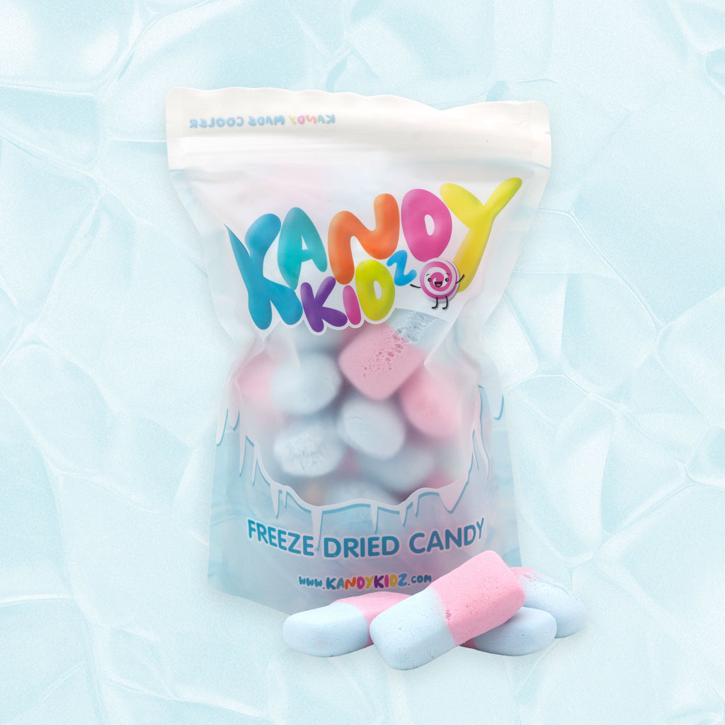Foam bubblegum gummies freeze dried candy close up